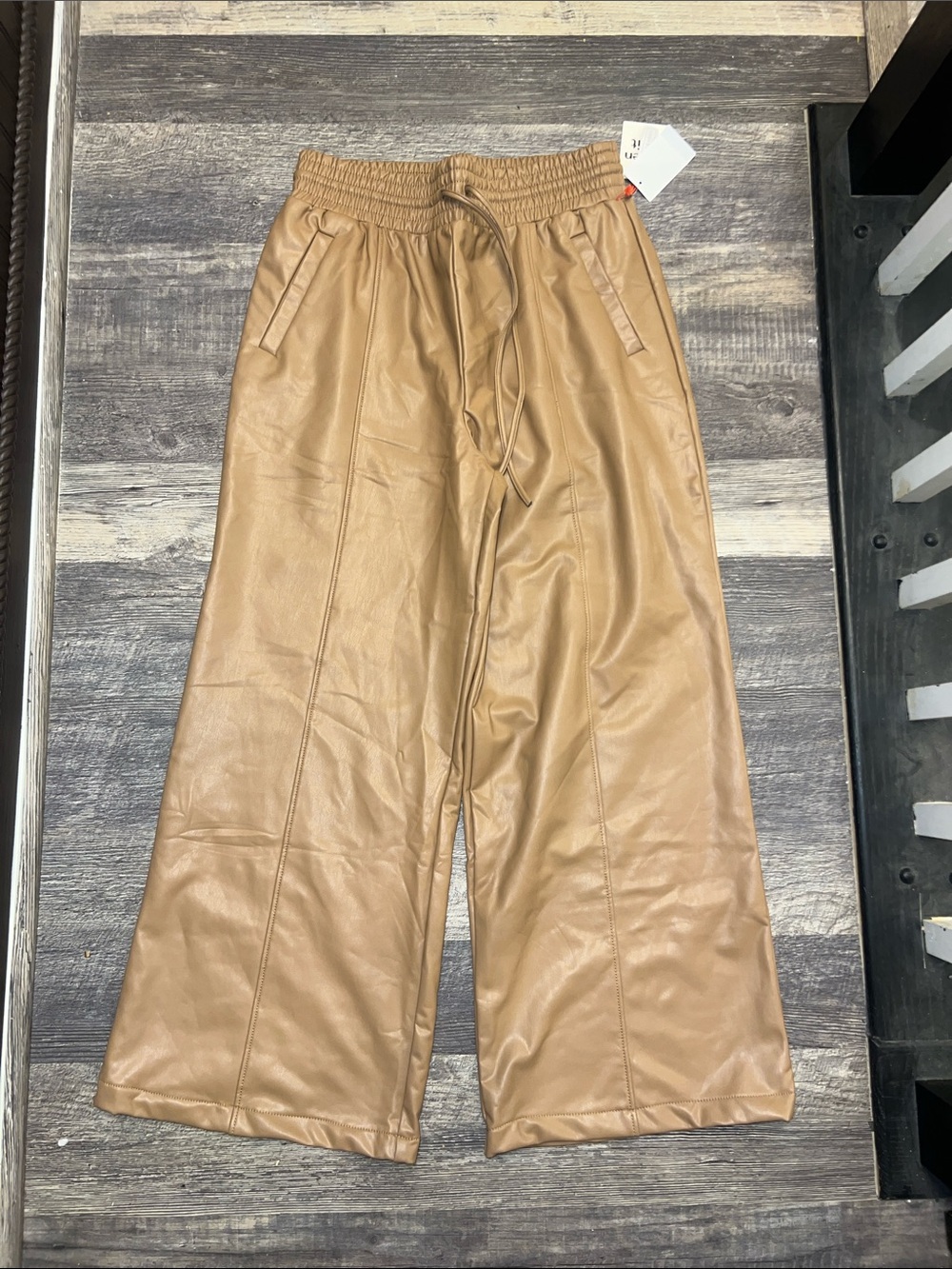 Open Edit Faux Leather Wide Leg Pants Tan Beige NWT Size Medium
